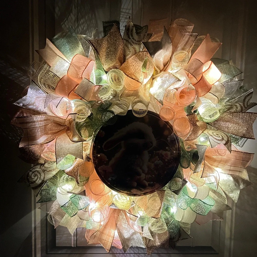 Handmade Floral Bunny Spring Prelit Ribbon Wreath 22 in LED W4